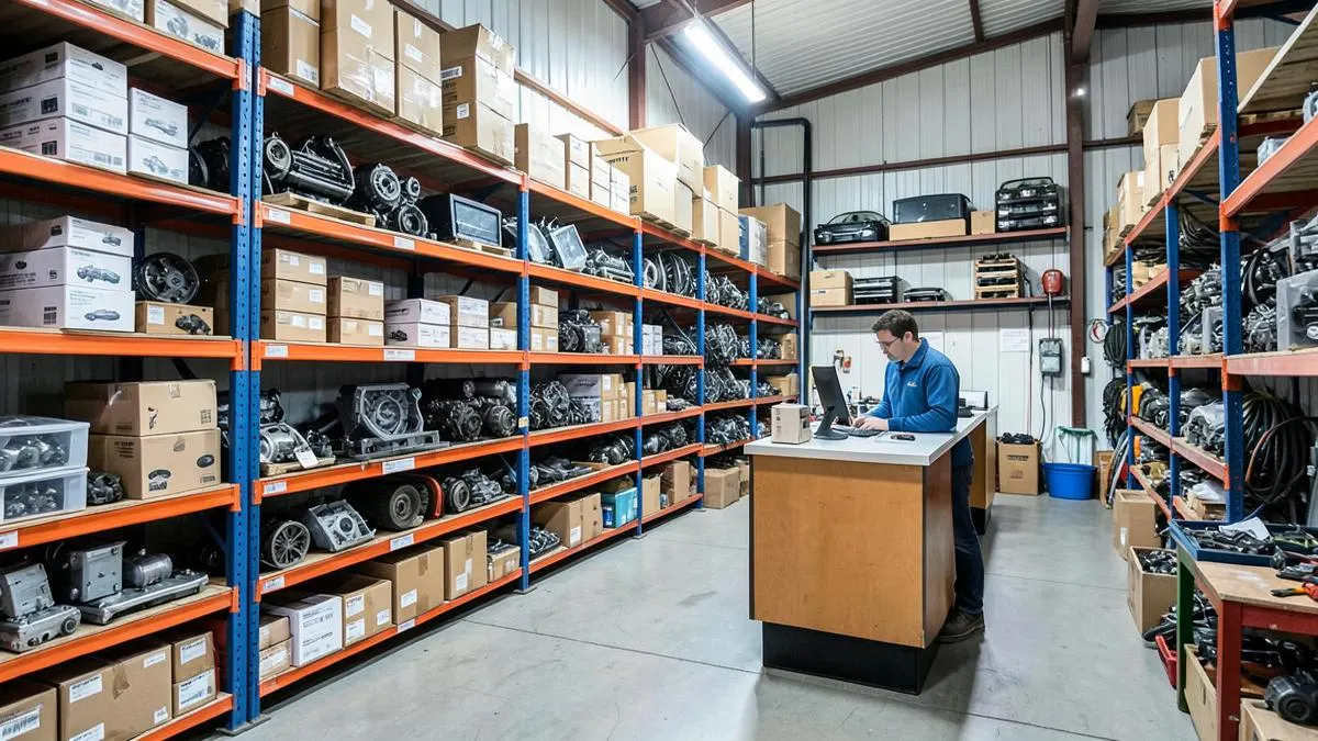 Warehouse shelving stacked with automotive spare part boxes