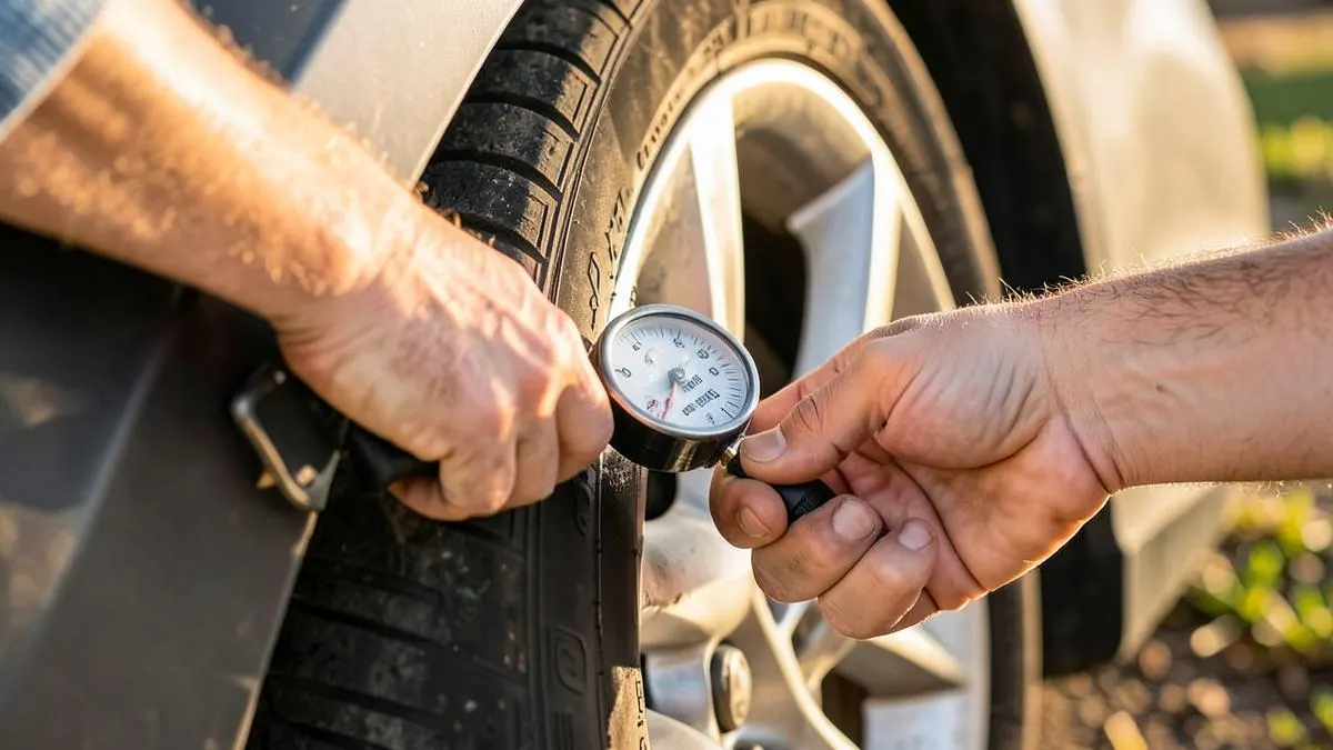 Checking tyre pressure with a gauge on a car wheel