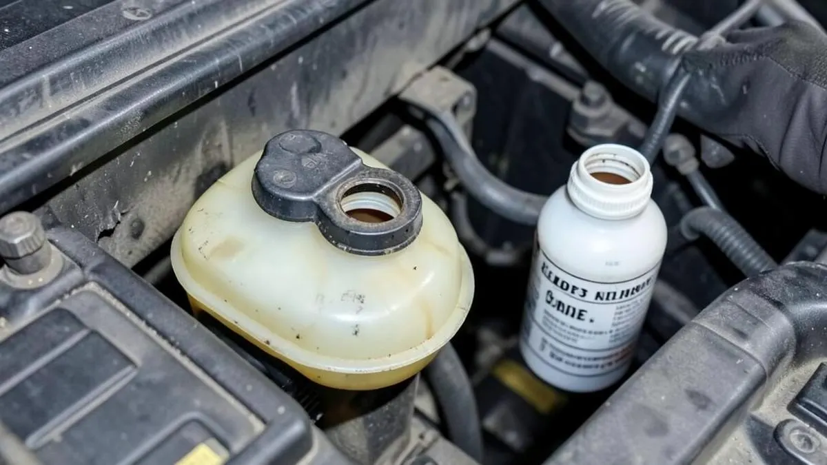 Brake fluid reservoir in an engine bay with a fluid bottle beside it