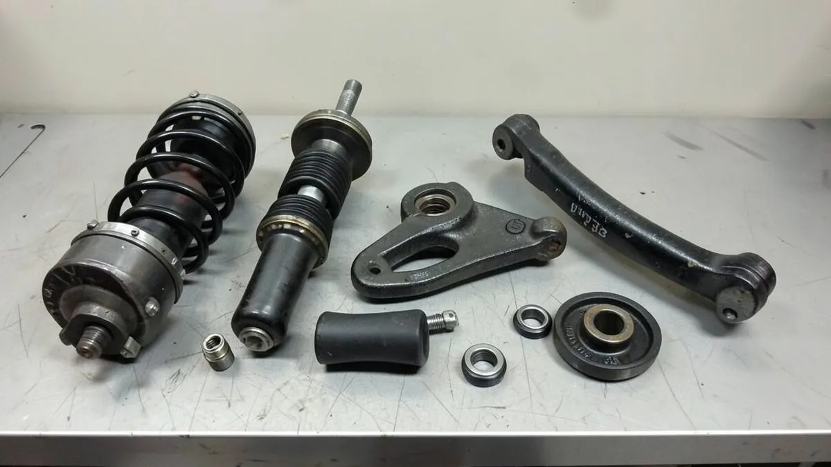 Suspension components on a workshop bench