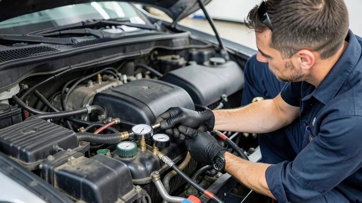 Technician checking car air conditioning pressure with manifold gauges