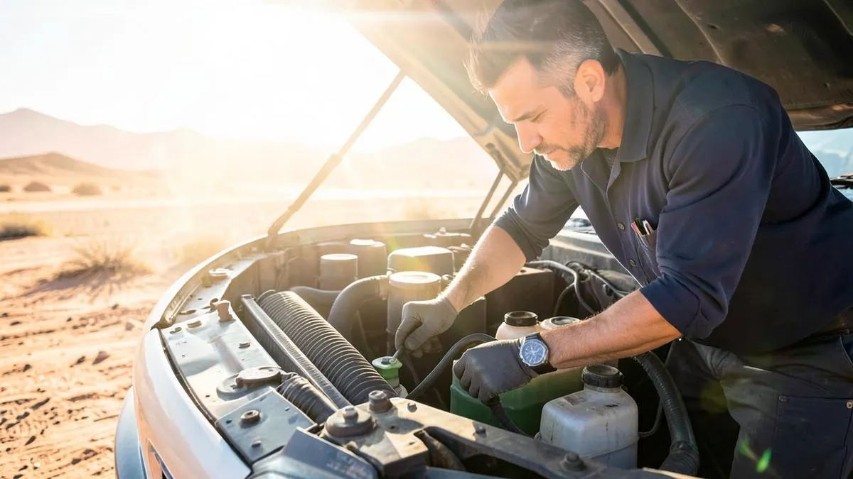 Mechanic checking a car cooling system outdoors in desert heat