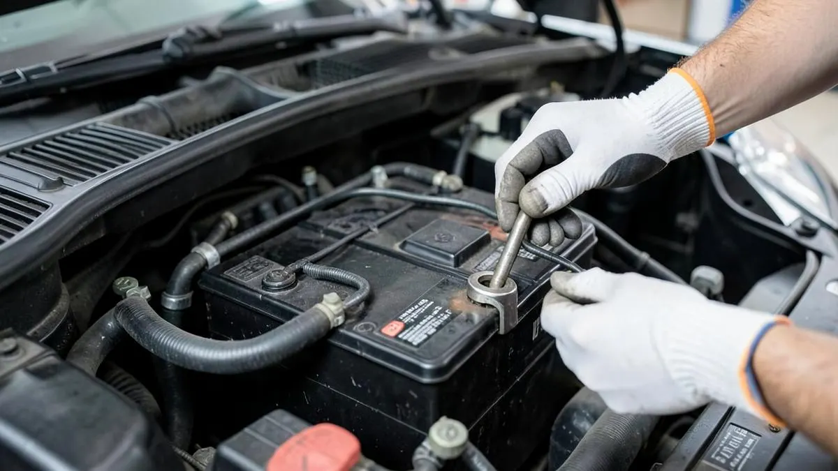 Car battery terminals being tightened in an engine bay
