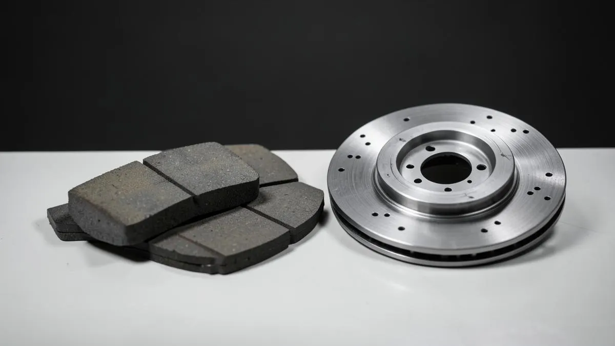Brake pads next to a brake disc on a workshop bench