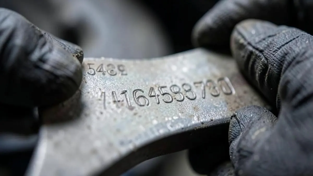 Close-up of an OEM part number printed on a car component
